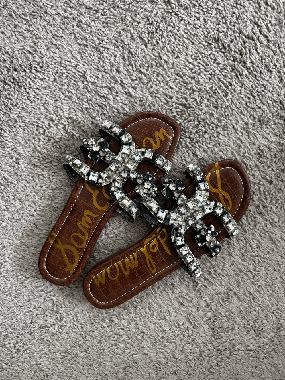 Sam Edelman Brown Croc-Embossed Slides with Crystal Chain Detail - Picture 2 of 4